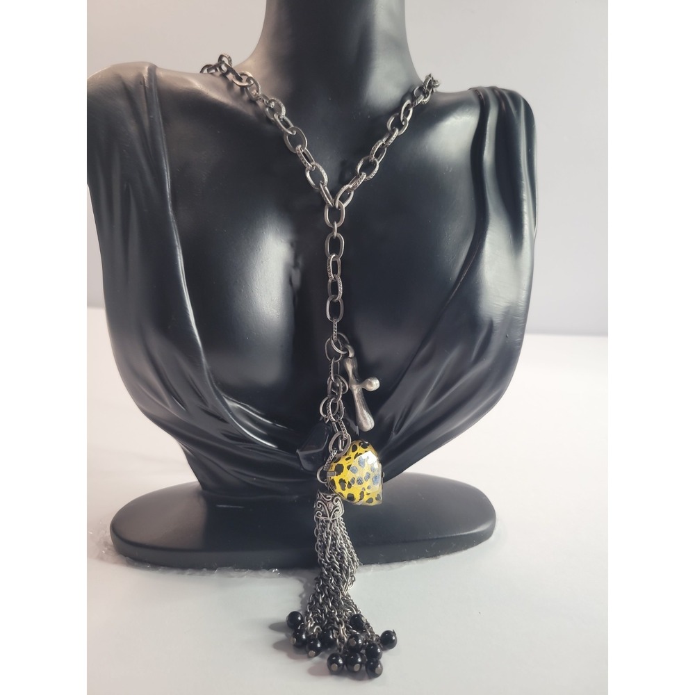 Silver Tone Black Bead Charm Necklace Heart Cross Chain Tassel Boho Statement
